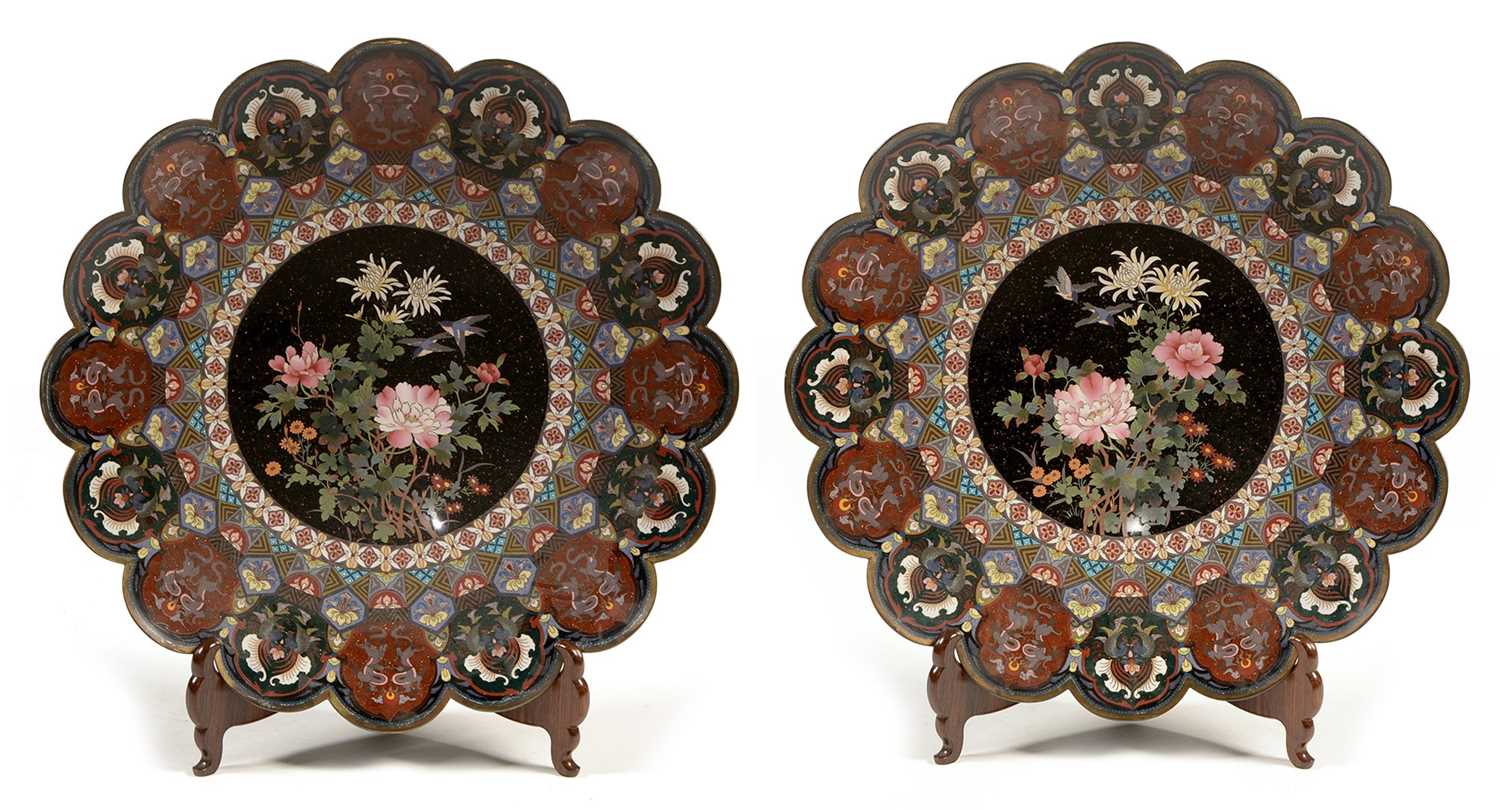 475 - Large pair of Japanese cloisonne wall plaques