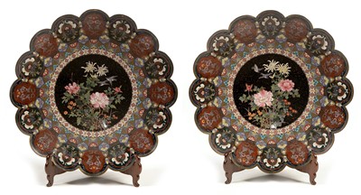 Lot 475 - Large pair of Japanese cloisonne wall plaques