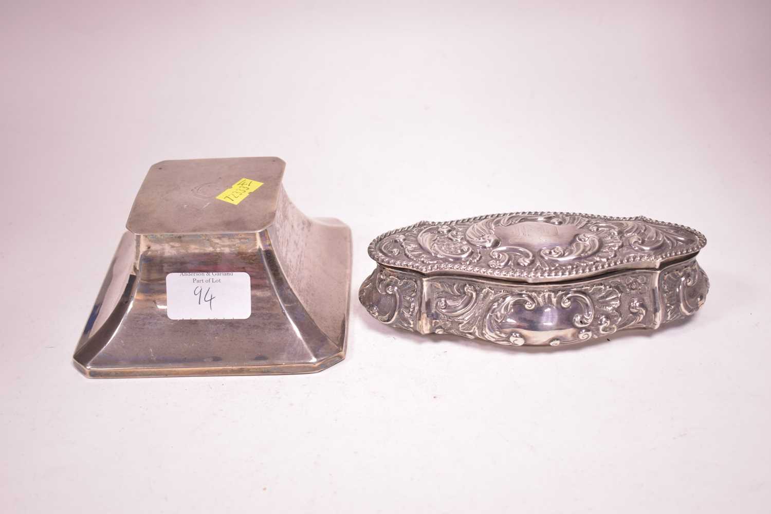 Lot 94 - Silver oval jewellery box; and a silver inkwell