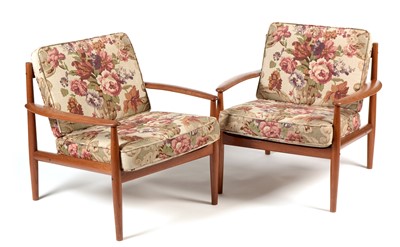 Lot 1218 - Grete Jalk for France & Son; a pair of teak framed lounge chairs