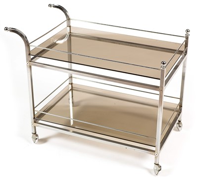 Lot 1222 - Mid Century Chrome And Smoked Glass Double Level Trolley