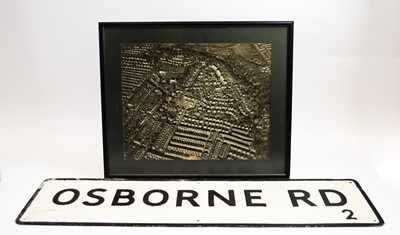 Lot 947 - Vintage street sign; and framed aerial view of Jesmond, Newcastle.