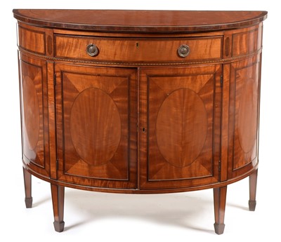 Lot 723 - Sheraton revival satinwood and rosewood banded demilune commode