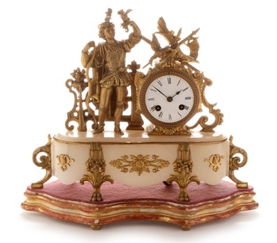 Lot 664 - French gilt metal and alabaster mantel clock