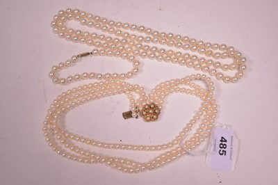 Lot 485 - Two pearl necklaces and bracelet