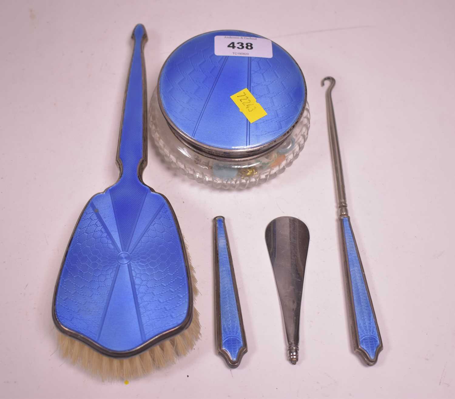 Lot 438 - Blue enamel and silver dressing table items