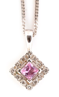 Lot 179 - Pink sapphire and diamond pendant on chain