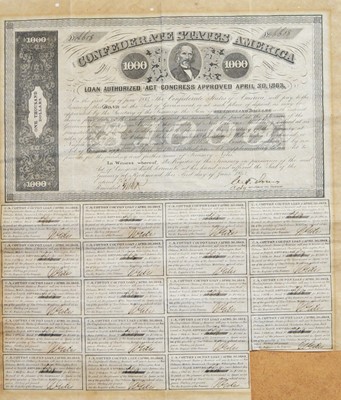 Lot 825 - Confederate States of American 1000 dollar cotton loan bond, 1863.