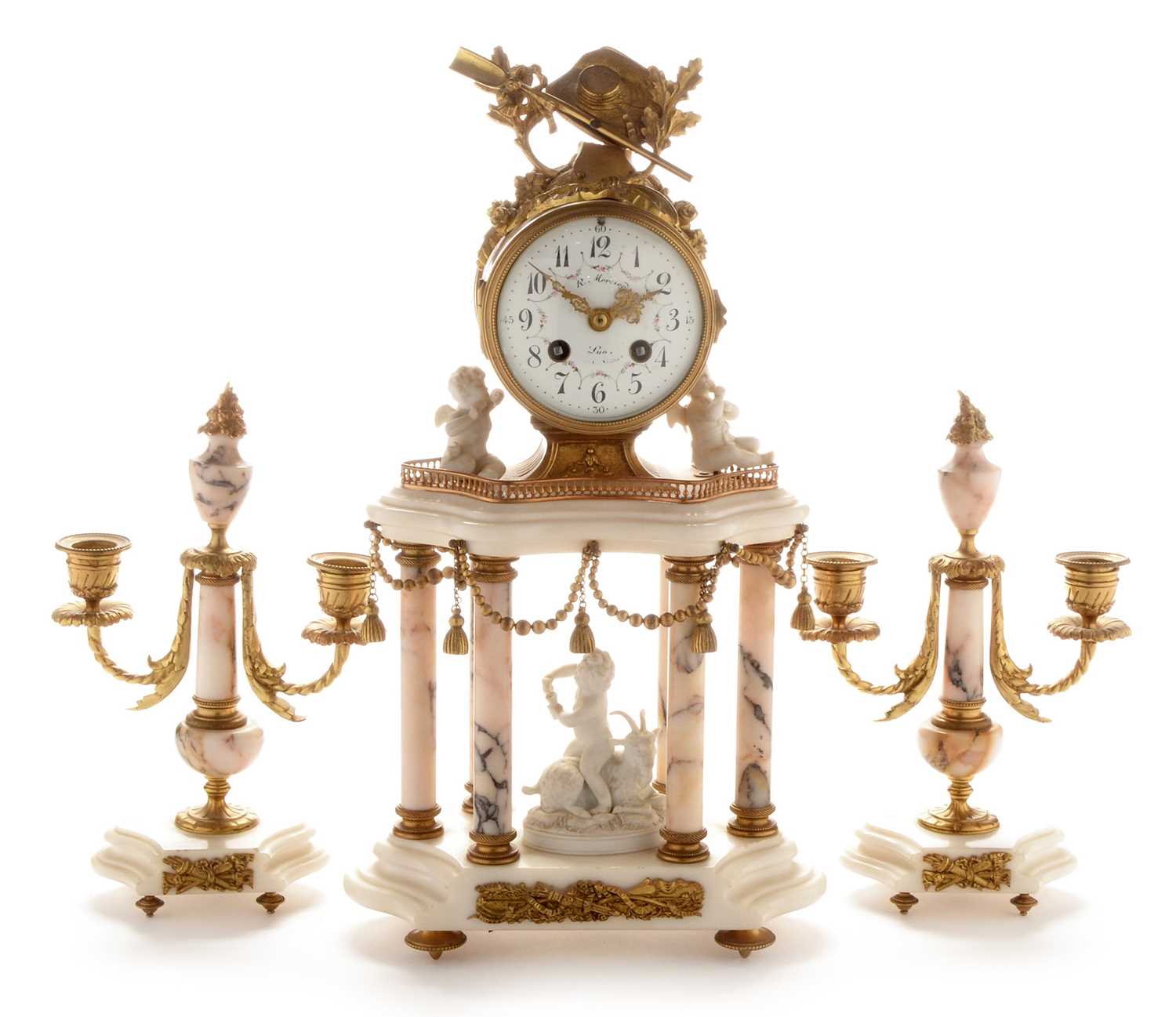 Lot 666 - French gilt metal and alabaster clock garniture