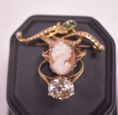 Lot 12 - Edwardian brooch, cameo ring and CZ ring