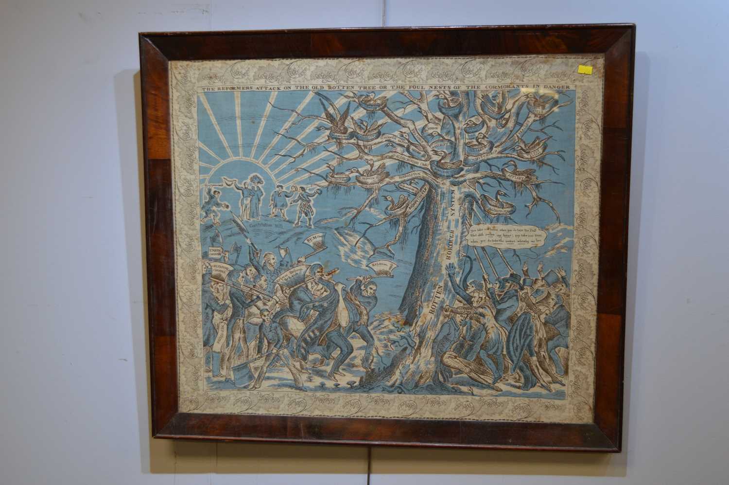 Lot 571 - A propaganda printed cloth panel in mahogany frame.