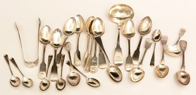Lot 175 - Silver teaspoons, caddy spoon, ladle and tongs