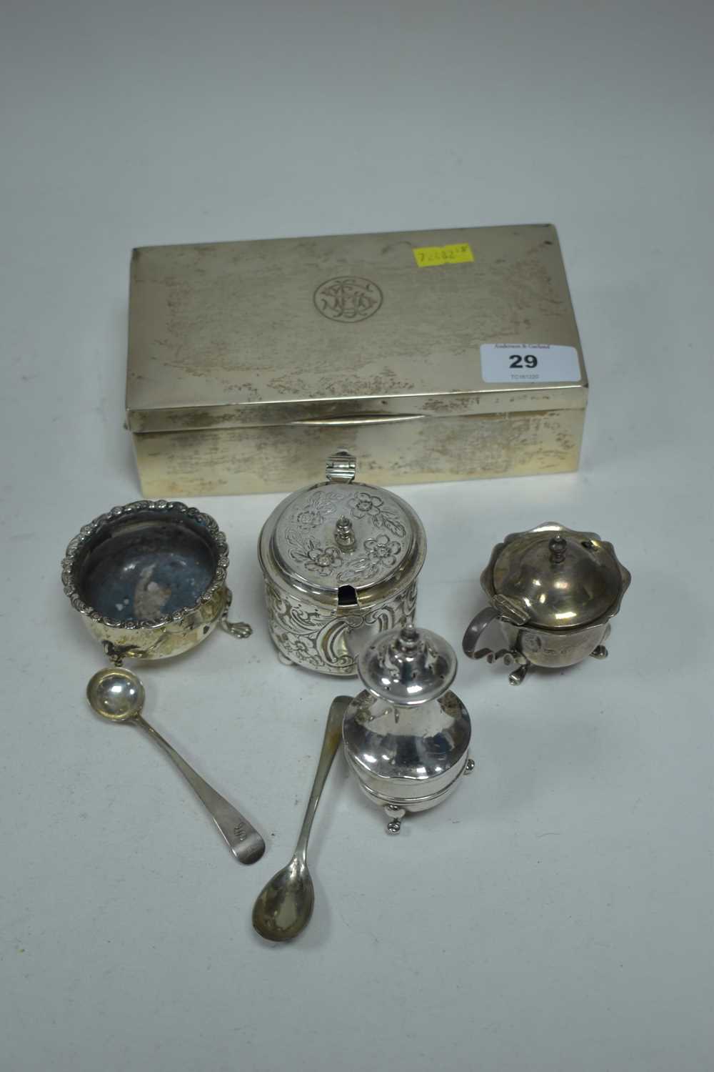 Lot 29 - SIlver cigarette box and various condiments