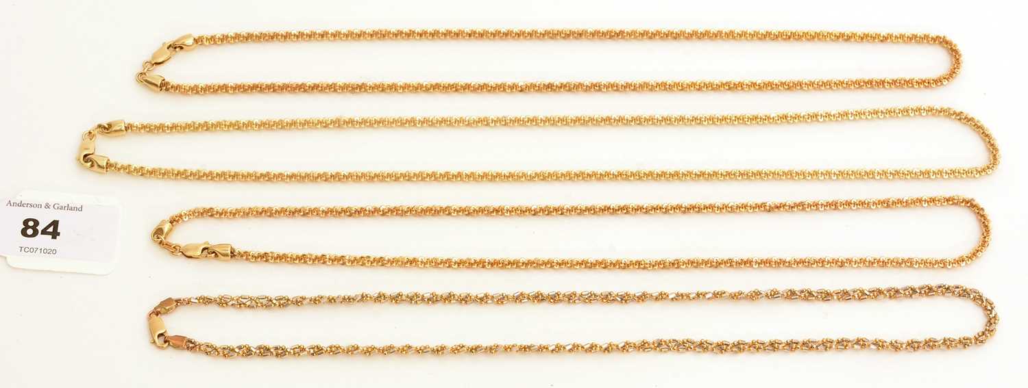 Lot 84 - Four 9ct yellow gold necklaces