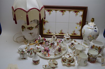 Lot 187 - Royal Albert ornaments and figurine; Ainsley table lamp; wooden tray.