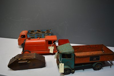 Lot 1252 - Tri-ang Lorry, Milk Truck and Locomotive; and wooden tank.