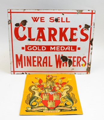 Lot 955 - Clarke's mineral water's enamel sign and a Newcastle Corporation crest sign.