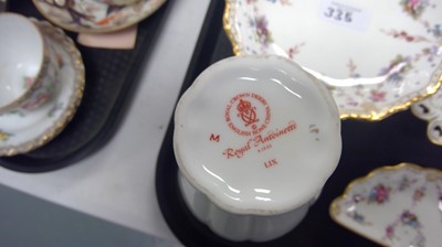 Lot 335 - Royal Crown Derby 'Royal Antoinette' pattern clocks, vases and dishes.