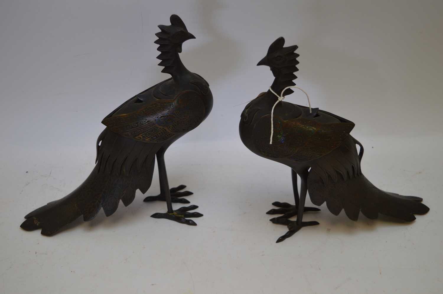 Lot 378 - Pair of Japanese bronze and champleve Ho Ho bird censers.