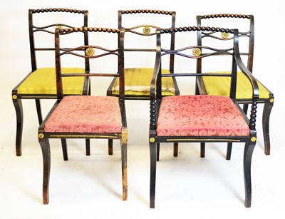 Lot 828 - A set of five late 19th Century ebonised Trafalgar chairs