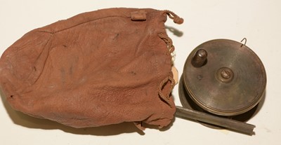 Lot 662 - A vintage fishing reel and pouch.
