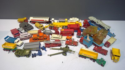 Lot 1157 - Playworn unboxed vehicles by Corgi, Lesney, Dinky and others, in a box.