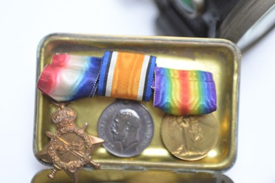 Lot 477 - Three WWI medals; and other items of militaria.