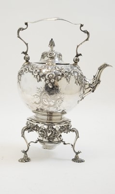 Lot 122 - George III silver tea kettle on burner stand, by Pezé Pilleau