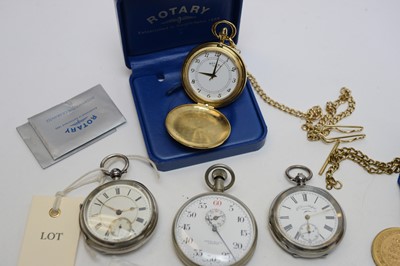 Lot 370 - Silver-cased pocket watches; stopwatch; other watches; and medals.