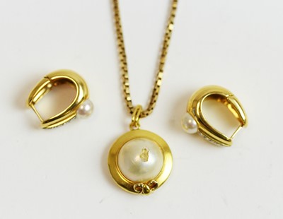 Lot 74 - A pair of pearl and diamond earrings, and a Mabe pearl pendant