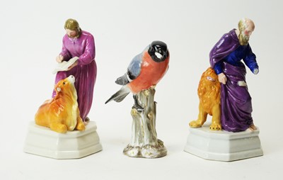 Lot 647 - Meissen bullfinch; pair French figures St Mark and St Luke