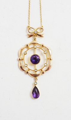 Lot 76 - Edwardian amethyst and seed pearl pendant