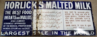 Lot 958 - Vintage enamel advertising sign 'Horlicks Malted Milk'.