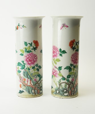 Lot 566 - Pair Chinese famille rose sleeve vases