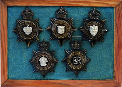 Lot 800 - A collection of 20th Century Police helmet badges, framed.