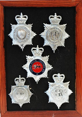 Lot 802 - A collection of 20th Century Police helmet badges, framed.