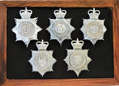 Lot 804 - A collection of 20th Century Police helmet badges, framed.