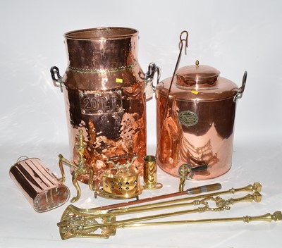 Lot 254 - Vintage copper urn, copper churn; and fireside implements.