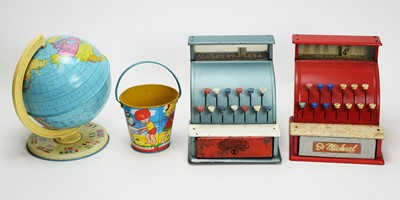 Lot 1114 - Toy cash tills/registers, a globe and sand bucket (4)