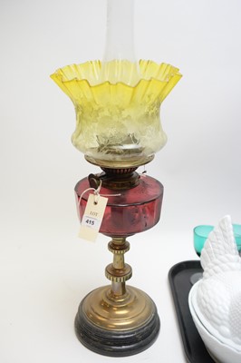 Lot 415 - An oil lamp; a glass nesting hen terrine; and other glassware