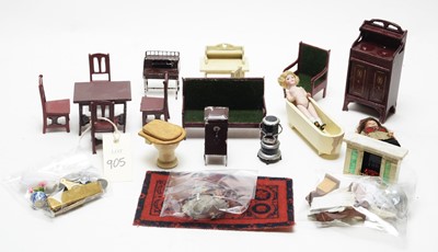 Lot 905 - A collection of vintage and antique miniature dolls, furniture and other items.