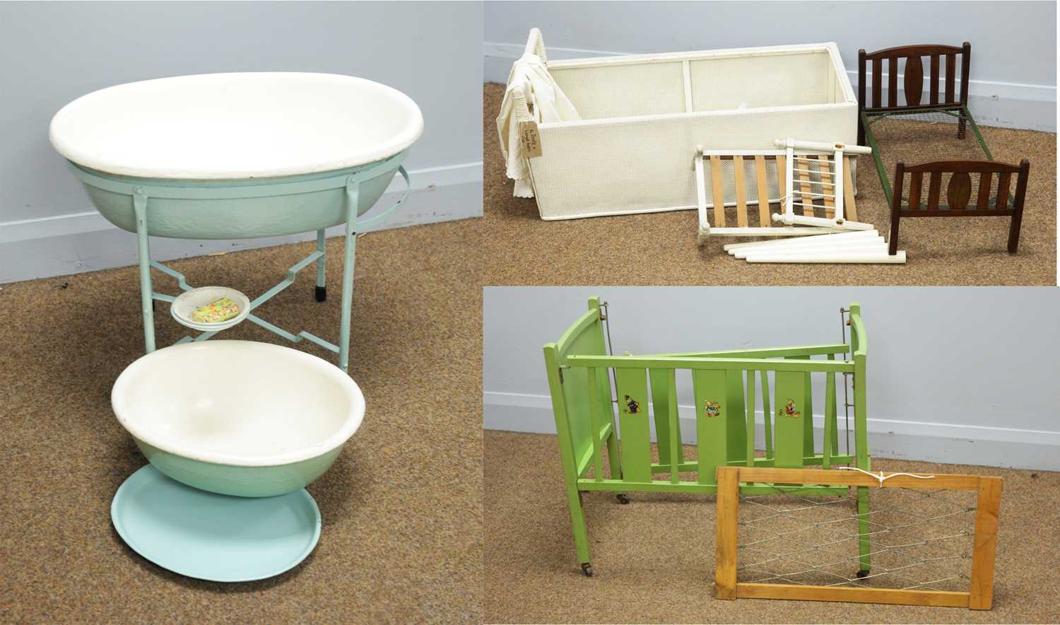 Lot 906 - A mid-20th Century oval dolls bath. / Four dolls cots/beds.