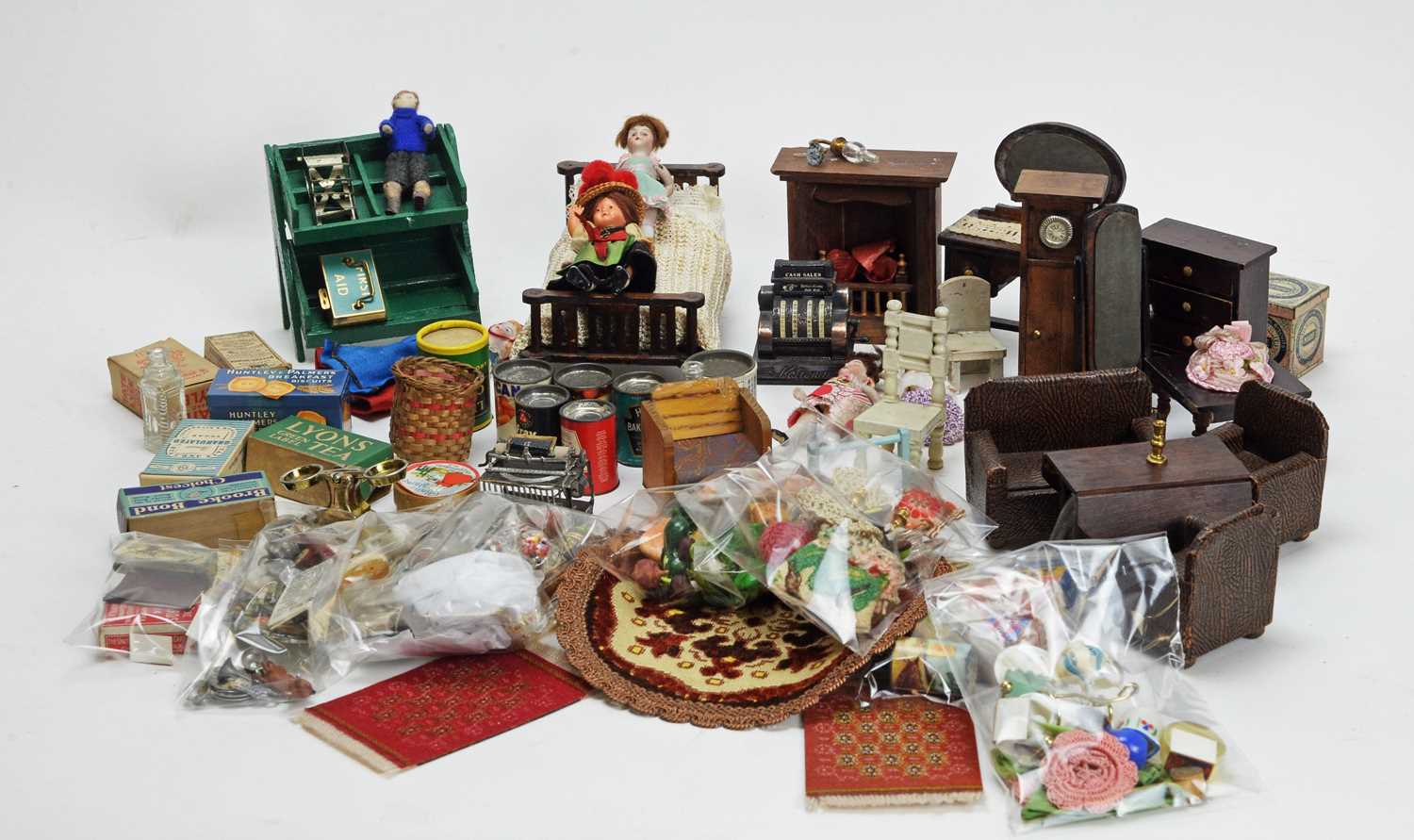 Lot 925 - A collection of miniature dolls, furniture, shop fittings and other items.