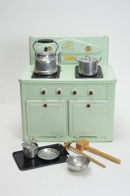 Lot 862 - Amersham Toys, Chesham, England: a doll's blue-green tinplate kitchen range.