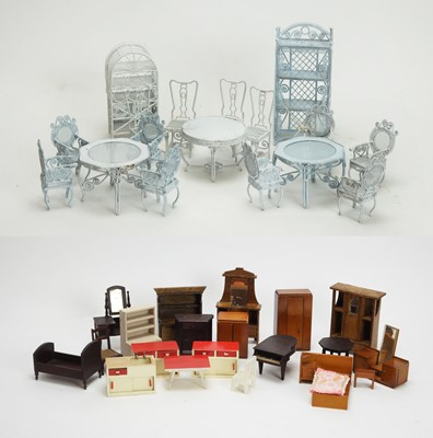 Lot 963 - Doll's miniature white-painted metal garden tables and chairs; and shelf units.