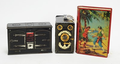 Lot 1144 - A Huntley & Palmers box-camera pattern tinplate biscuit tin; and other items.