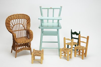 Lot 1149 - A doll's blue painted wooden high chair; four doll's chairs and a stool.