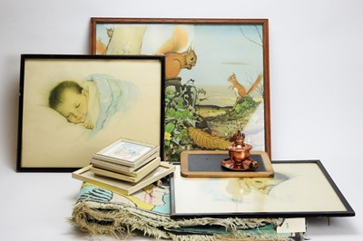 Lot 1159 - Framed nursery prints; rug; and other items.