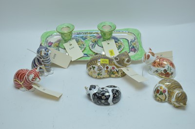 Lot 259 - Five Royal Crown Derby cat paperweights; Maling tray and two candlesticks.