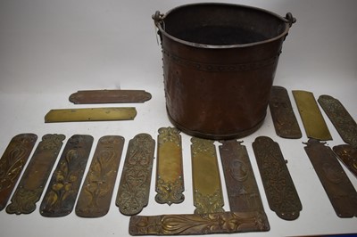 Lot 177 - Arts & Crafts, Victorian and other brass fingerplates; and a brass coal bin.